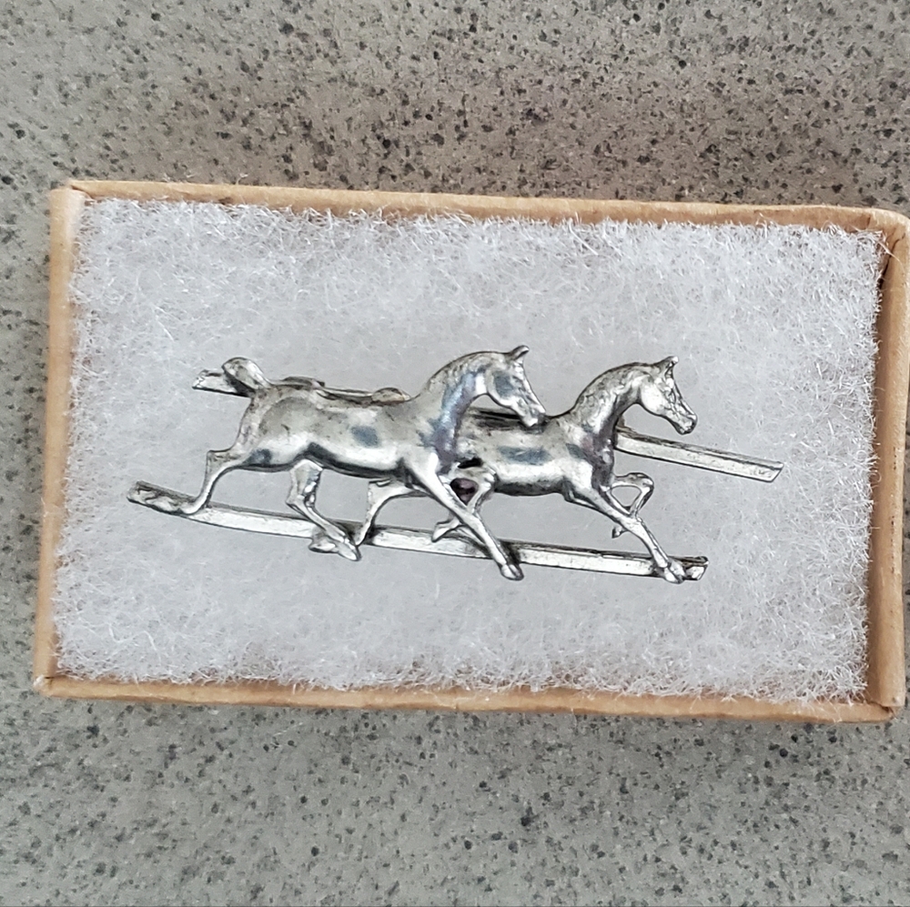 Vintage 1940's Handcrafted Figural Galloping Horse Pair Lapel Brooch Pin, EUC
